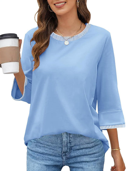 Women's Contrast Color Thread Round Neck Top Solid Color