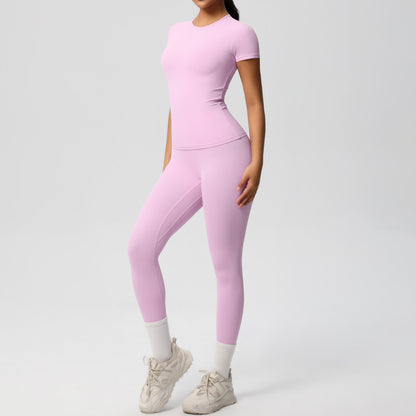 European And American Sports Nude Feel Skin-friendly Solid Color Sports T-shirt Stretch Short Sleeve Yoga Pants High Waist Workout Suit Women