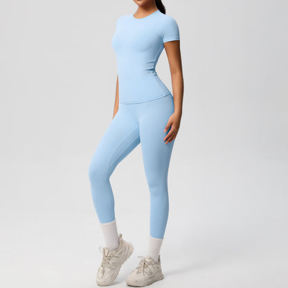European And American Sports Nude Feel Skin-friendly Solid Color Sports T-shirt Stretch Short Sleeve Yoga Pants High Waist Workout Suit Women