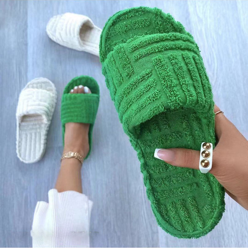 Women's Embossed Cotton Slippers With One Word Thick Sole