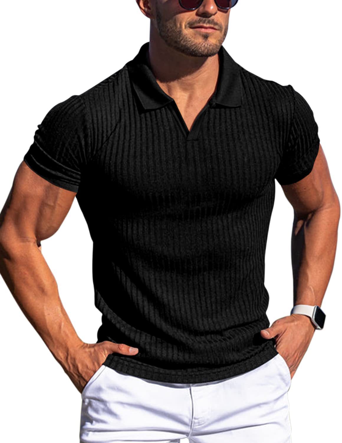 Polo Shirt Lapel V-neck Vertical Striped Short Sleeve Men's T-shirt