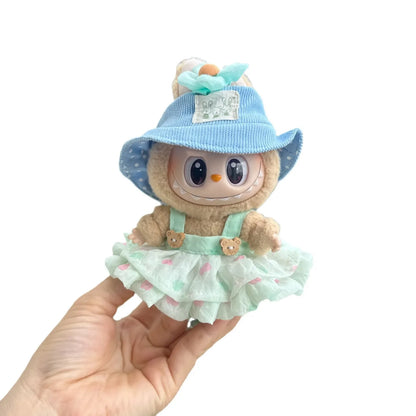 For 17cm labubu doll clothes wrinkled skirt flower hairpin set fisherman hat labubu clothes ropa labubu