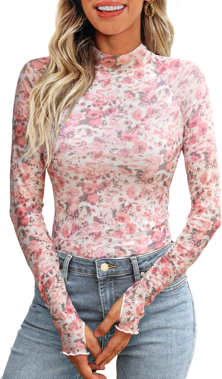 High Collar Long Sleeve Lace Floral Mesh