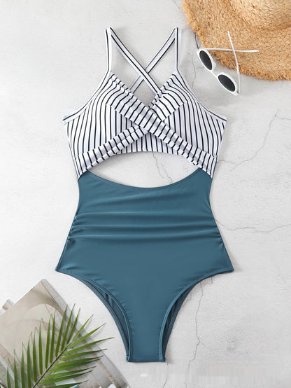 Sexy Cutout Cross Color Matching Swimsuit