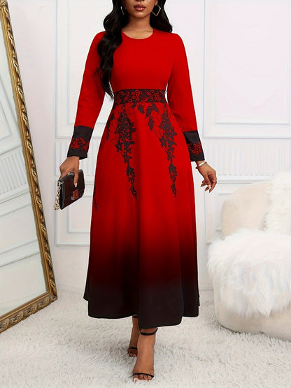 Women's Long Sleeve High Waist Print Gradient Large Swing Dress