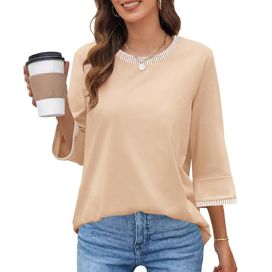 Women's Contrast Color Thread Round Neck Top Solid Color