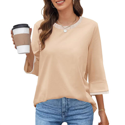 Women's Contrast Color Thread Round Neck Top Solid Color