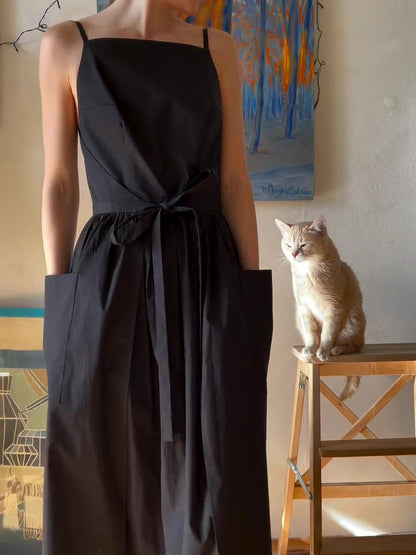 Black Cotton And Linen Side Seam Strapless Vest Dress