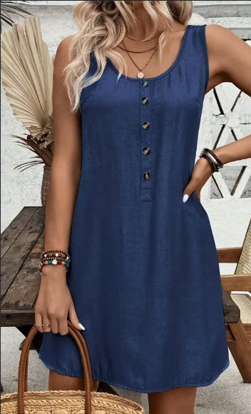 Elegant Women's Round Neck Button-Up Dress - Sleeveless, Solid Color, Short Length, Elegant Special Project Style, Conventional Version, Xia