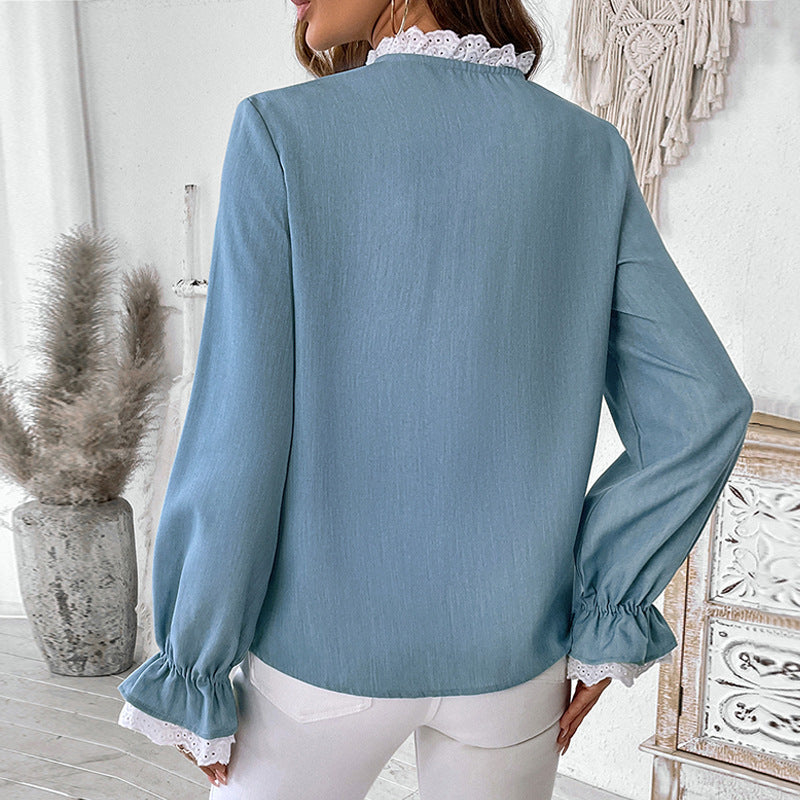 Cardigan Single-breasted Lace Collar Blue Shirt For Women