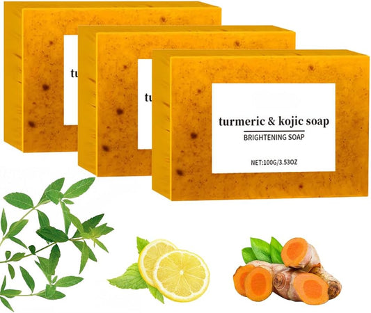 3Pcs Kojic Acid & Turmeric Soap, Kojic Acid Soap, Natural Lemon Soap Bar, Tumeric Soap, Acne, Dark Spots, Hyperpigmentation & Smooth Skin, Lemon Brightening Soap, Deep Cleansing, Refreshing