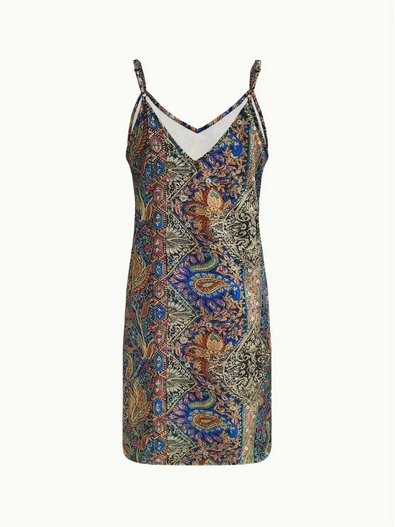 Women's Paisley Print Spaghetti Suspender Dress - Machine Washable, Non-Sheer For Spring Autumn, Spaghetti Strap Top