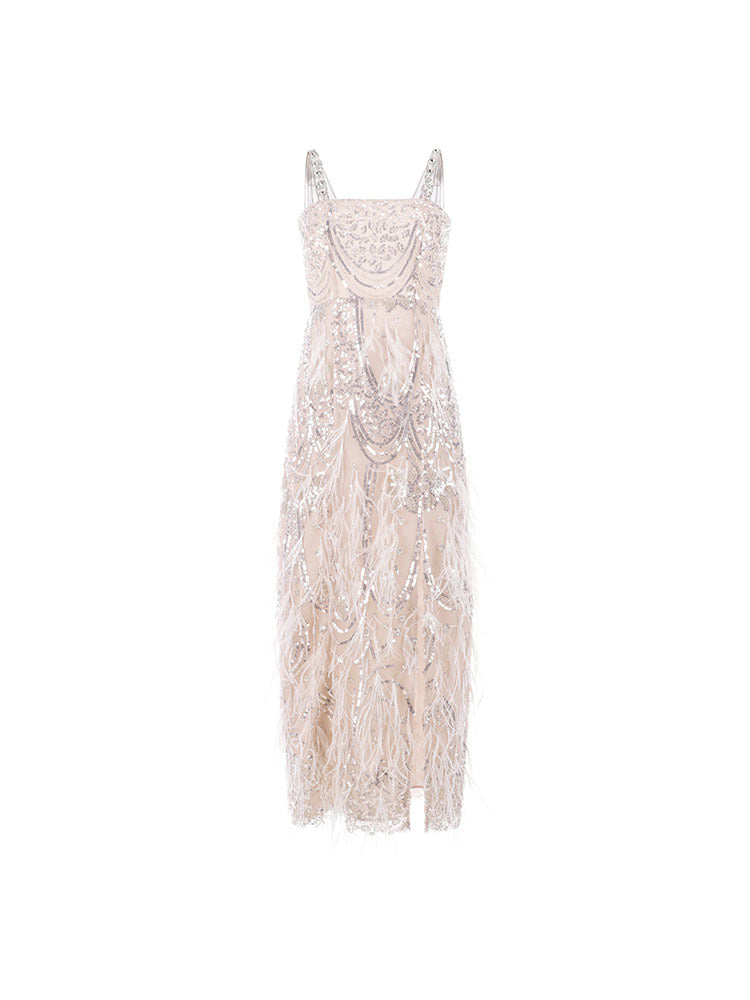 Feathered Diamond Heavy Embroidery Halter Dress Long