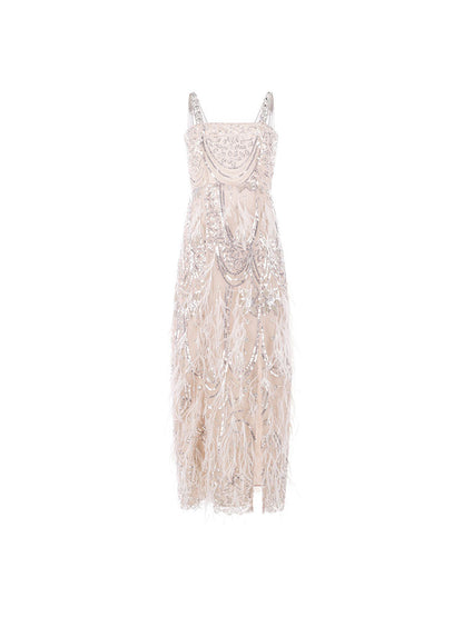 Feathered Diamond Heavy Embroidery Halter Dress Long