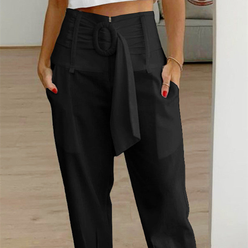 Women's Fashion Casual High Waist Straight Tapered Seventh Pants