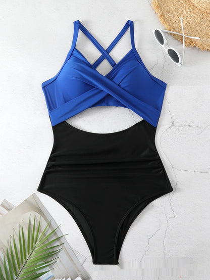 Sexy Cutout Cross Color Matching Swimsuit