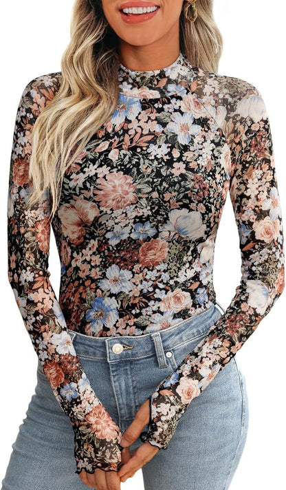 High Collar Long Sleeve Lace Floral Mesh