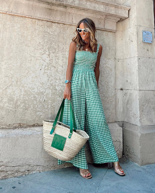 Checked Side Pocket Wide-Leg Trousers Casual Jumpsuit