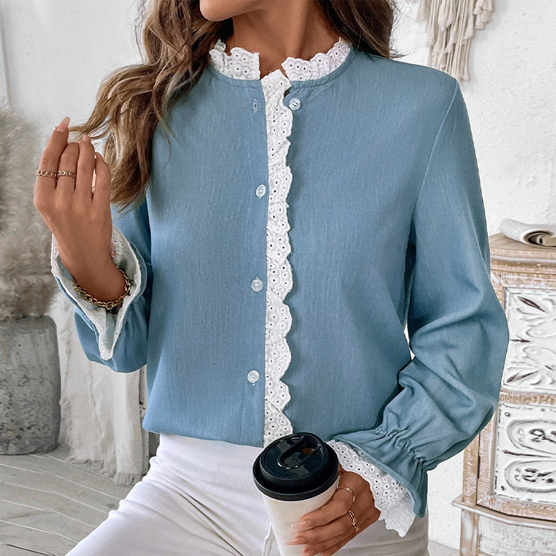 Cardigan Single-breasted Lace Collar Blue Shirt For Women