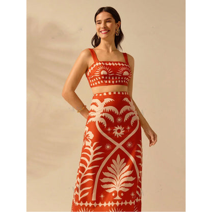 Summer Vacation Coconut Tree Printed Short Strap Top And Fit Maxi Skirt Suit